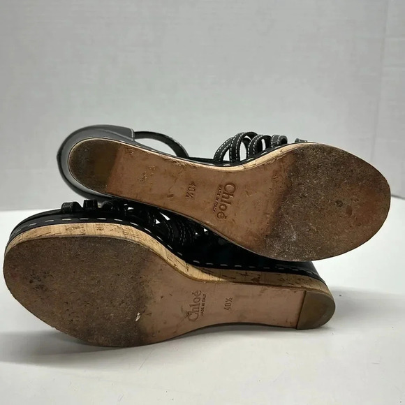 Chloe Marcie Wedges Leather T-Strap Platform High Heel Sandals Black Size 40.5 - Picture 10 of 14